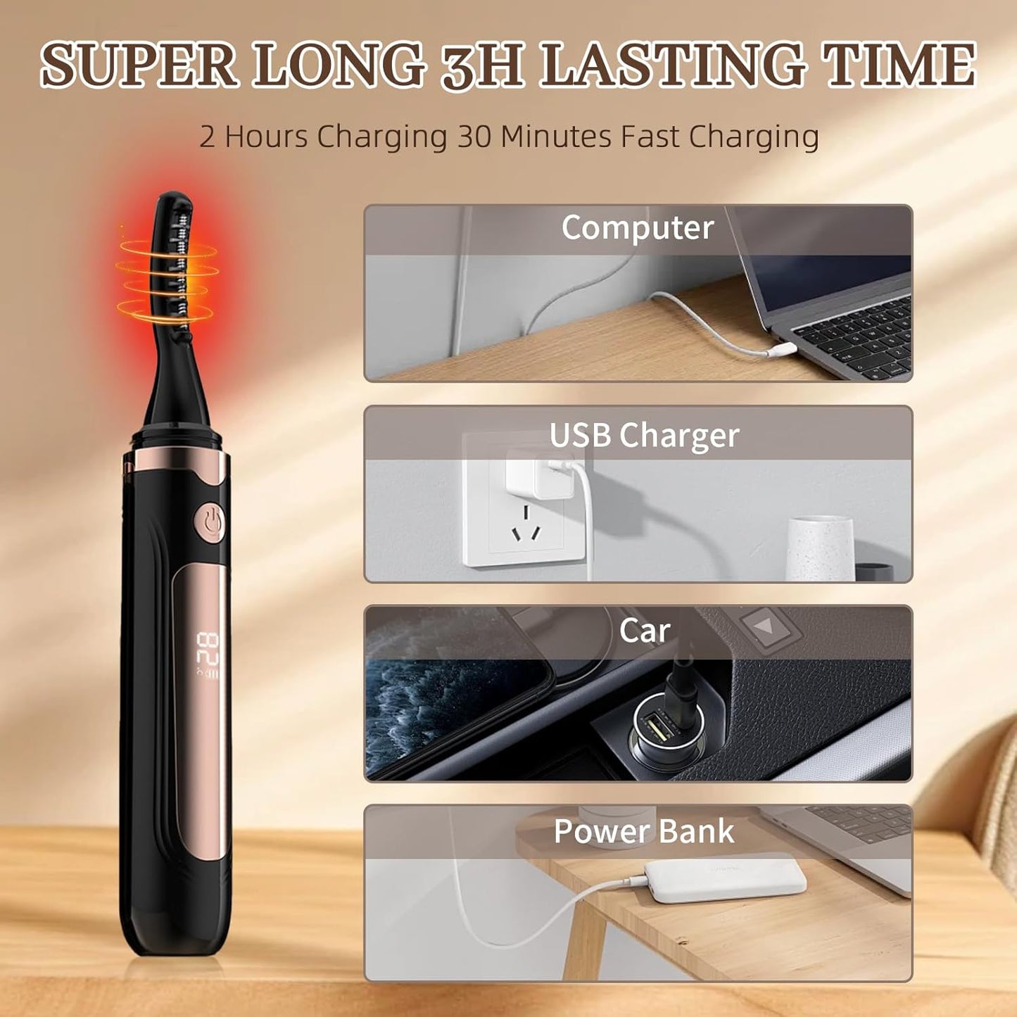 2025 Heated Eyelash Curler-Usb Rechargeable Electric Eyelash Curler- Eyelash Curlers Heated 4 Temperature Modes Fast Heat up within 3S - 24 Hours Long Lasting- with Led Display for Women Girls(Black)
